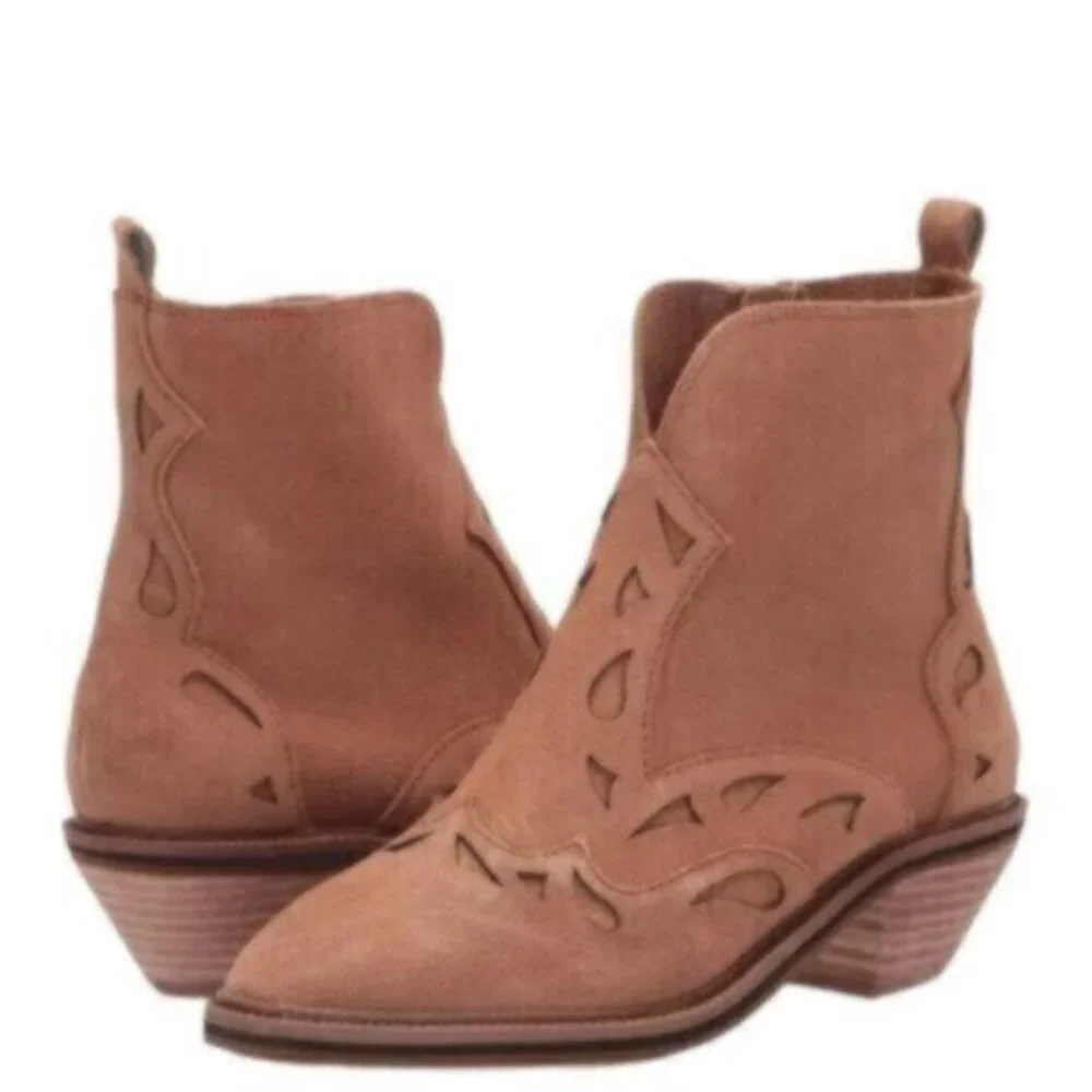 Kelsi Dagger Cliff Mocha Brown Suede Pointed Toe Block Heel Western Ankle Boots